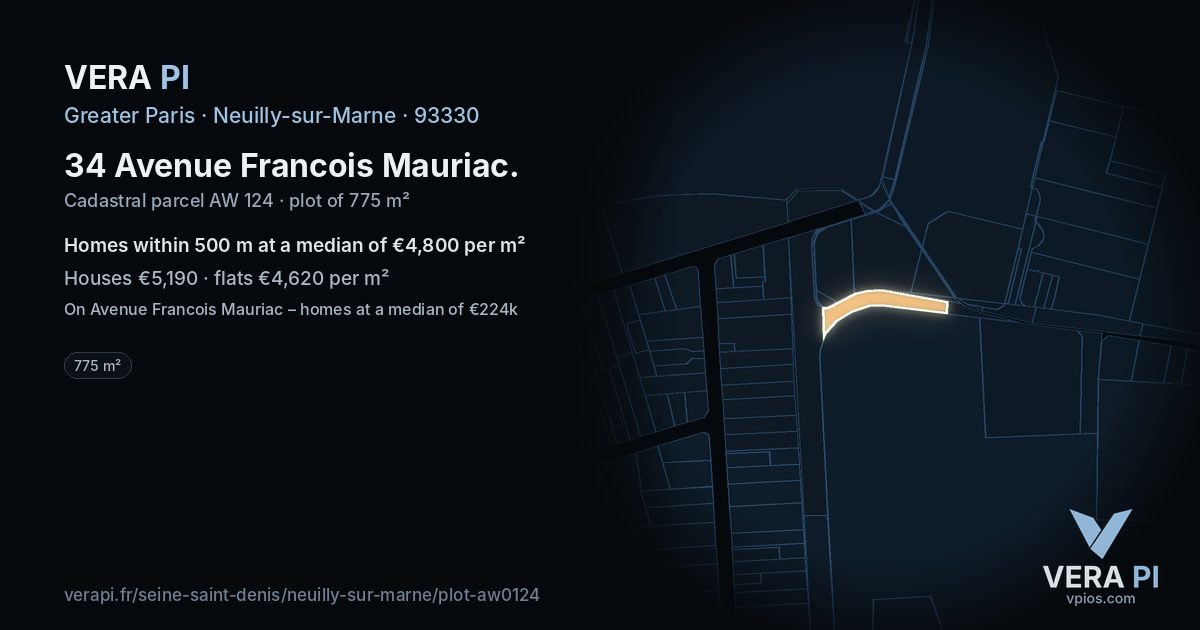 34 Avenue Francois Mauriac, Neuilly-sur-Marne at night – the plot lit, the parcels around coloured by the prices near them