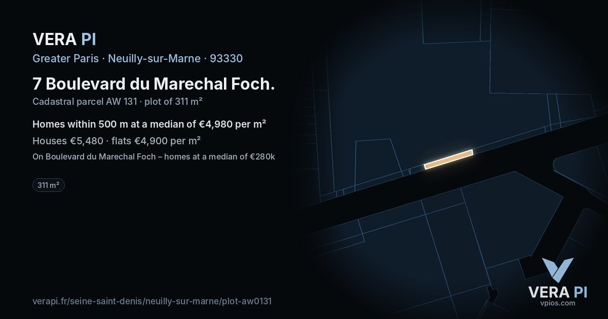7 Boulevard du Marechal Foch, Neuilly-sur-Marne at night – the plot lit, the parcels around coloured by the prices near them