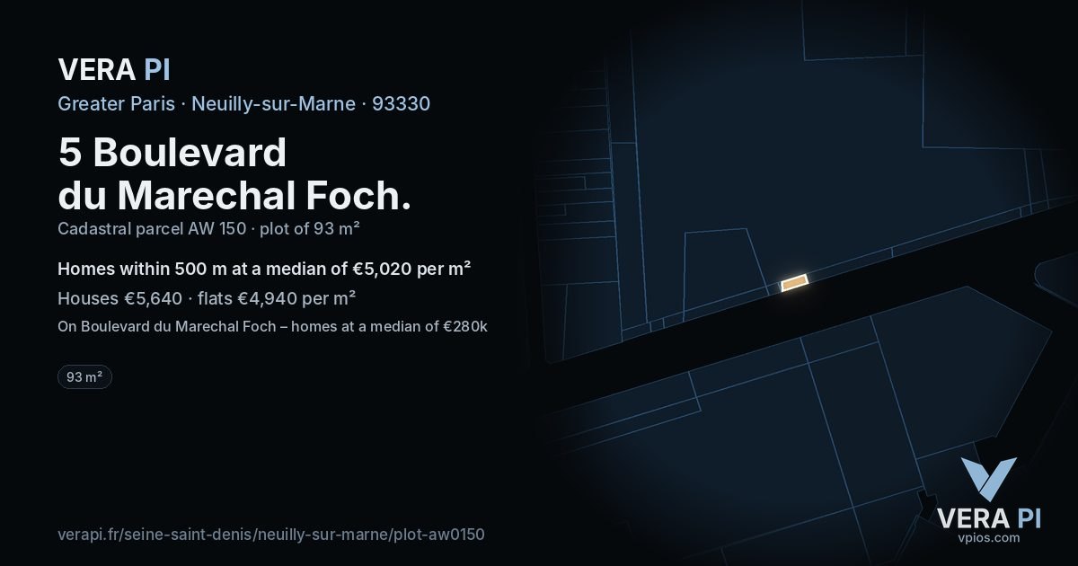 5 Boulevard du Marechal Foch, Neuilly-sur-Marne at night – the plot lit, the parcels around coloured by the prices near them