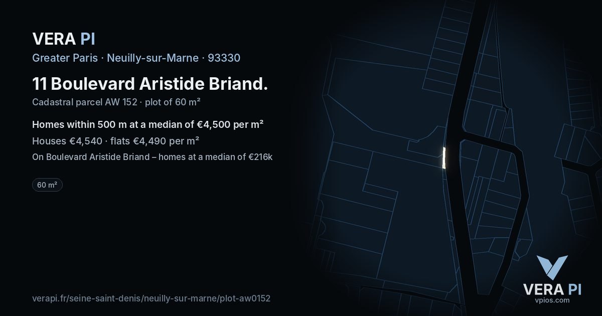 11 Boulevard Aristide Briand, Neuilly-sur-Marne at night – the plot lit, the parcels around coloured by the prices near them