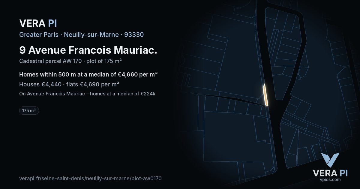 9 Avenue Francois Mauriac, Neuilly-sur-Marne at night – the plot lit, the parcels around coloured by the prices near them