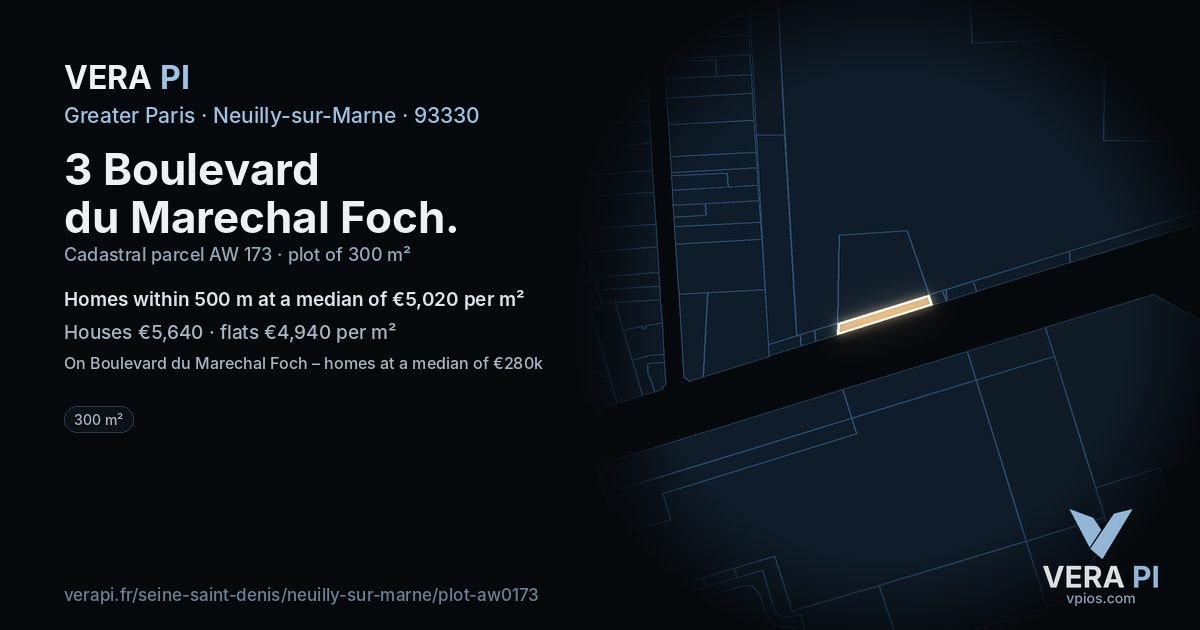 3 Boulevard du Marechal Foch, Neuilly-sur-Marne at night – the plot lit, the parcels around coloured by the prices near them
