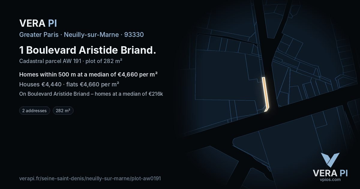 1 Boulevard Aristide Briand, Neuilly-sur-Marne at night – the plot lit, the parcels around coloured by the prices near them
