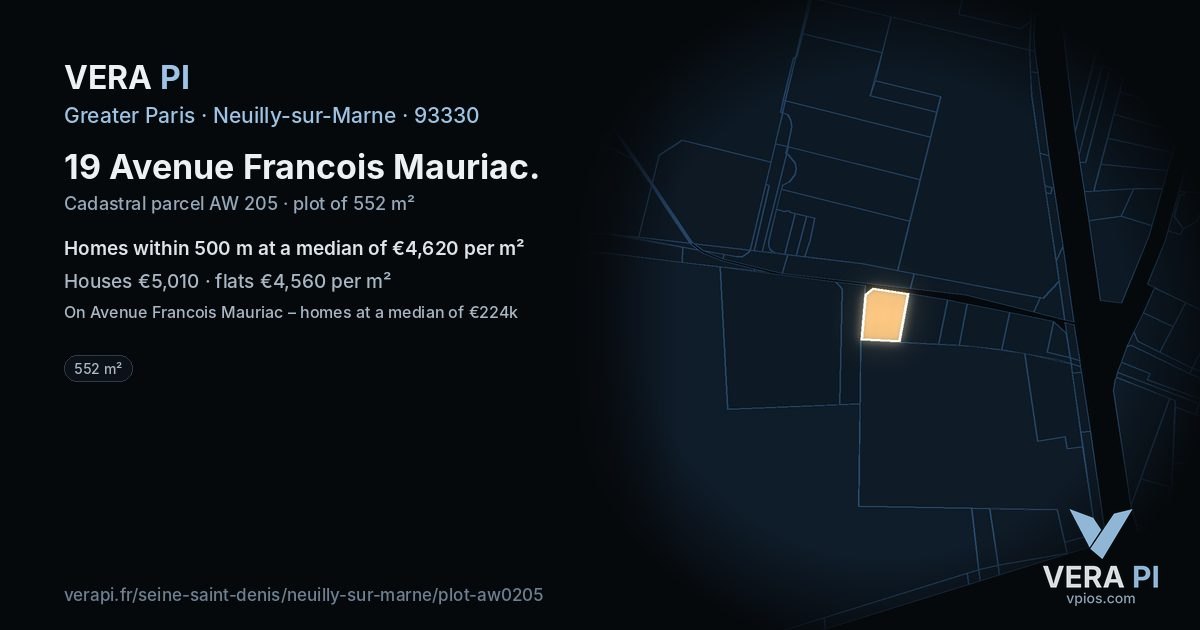 19 Avenue Francois Mauriac, Neuilly-sur-Marne at night – the plot lit, the parcels around coloured by the prices near them