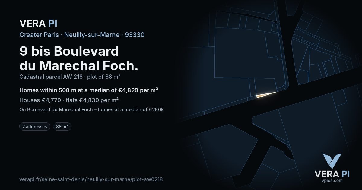 9 bis Boulevard du Marechal Foch, Neuilly-sur-Marne at night – the plot lit, the parcels around coloured by the prices near them