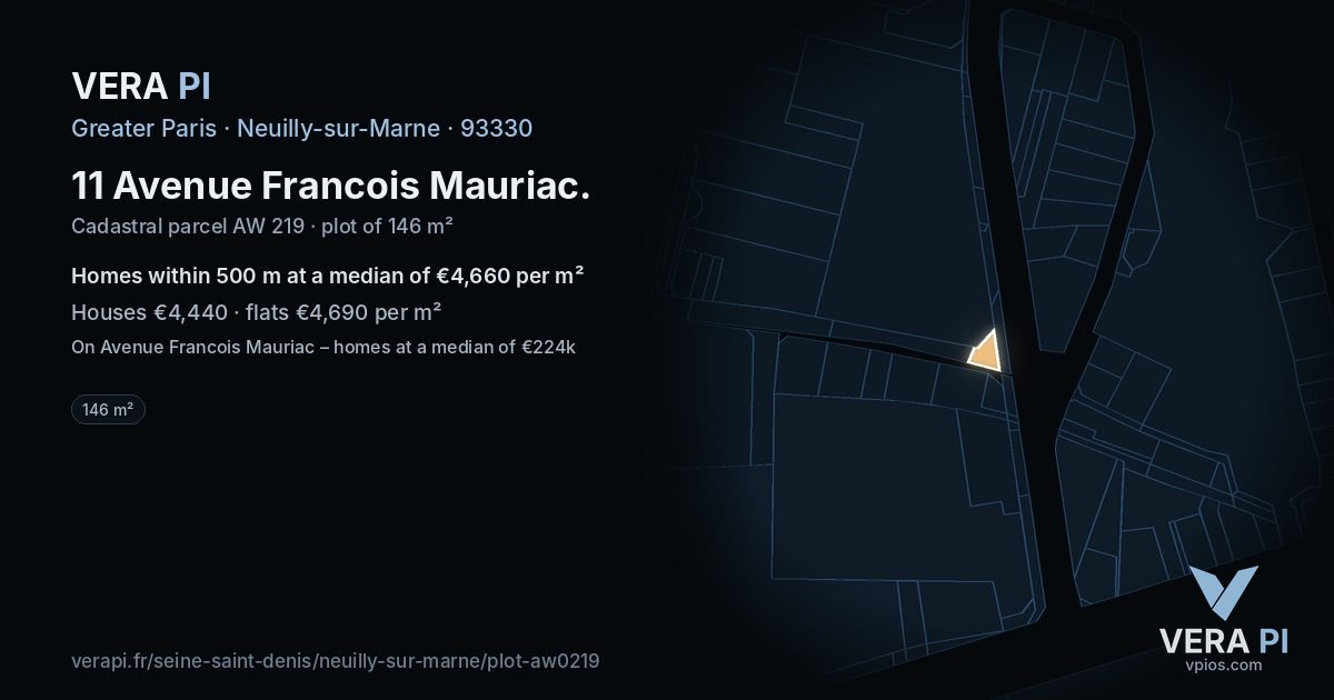 11 Avenue Francois Mauriac, Neuilly-sur-Marne at night – the plot lit, the parcels around coloured by the prices near them