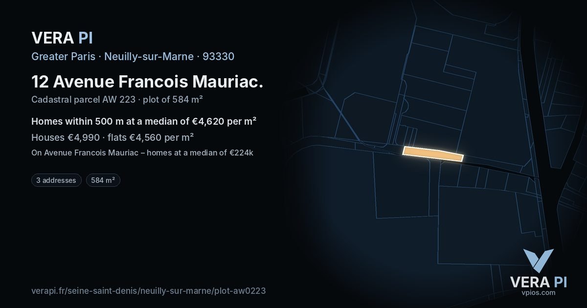 12 Avenue Francois Mauriac, Neuilly-sur-Marne at night – the plot lit, the parcels around coloured by the prices near them