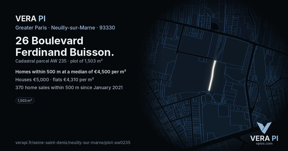 26 Boulevard Ferdinand Buisson, Neuilly-sur-Marne at night – the plot lit, the parcels around coloured by the prices near them