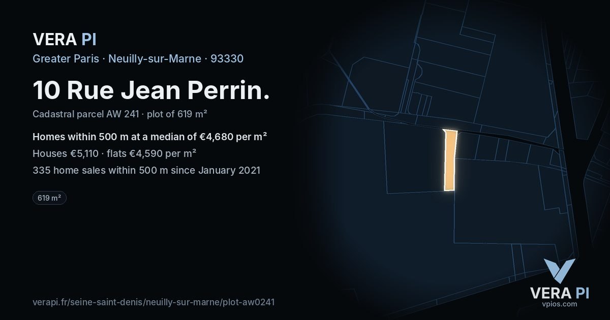 10 Rue Jean Perrin, Neuilly-sur-Marne at night – the plot lit, the parcels around coloured by the prices near them