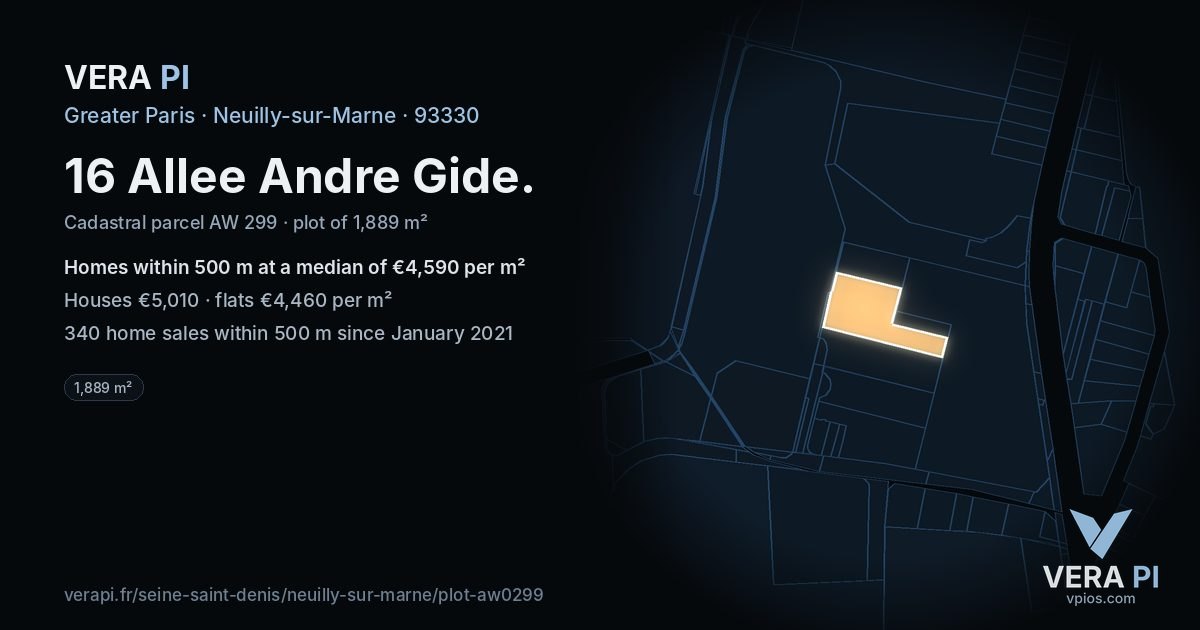 16 Allee Andre Gide, Neuilly-sur-Marne at night – the plot lit, the parcels around coloured by the prices near them