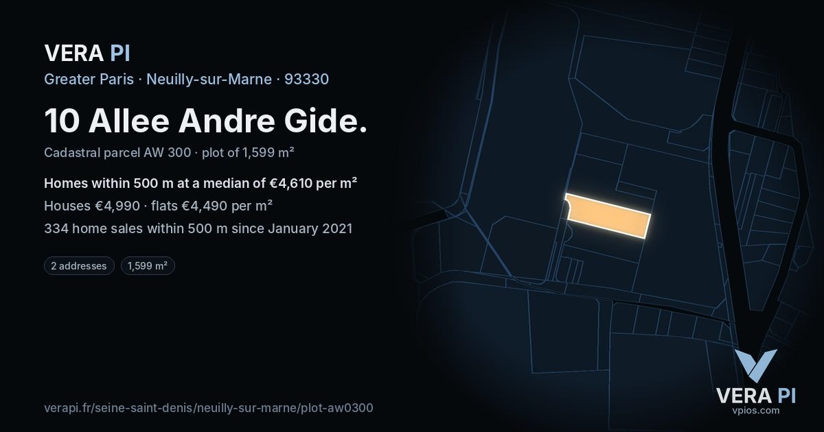 10 Allee Andre Gide, Neuilly-sur-Marne at night – the plot lit, the parcels around coloured by the prices near them