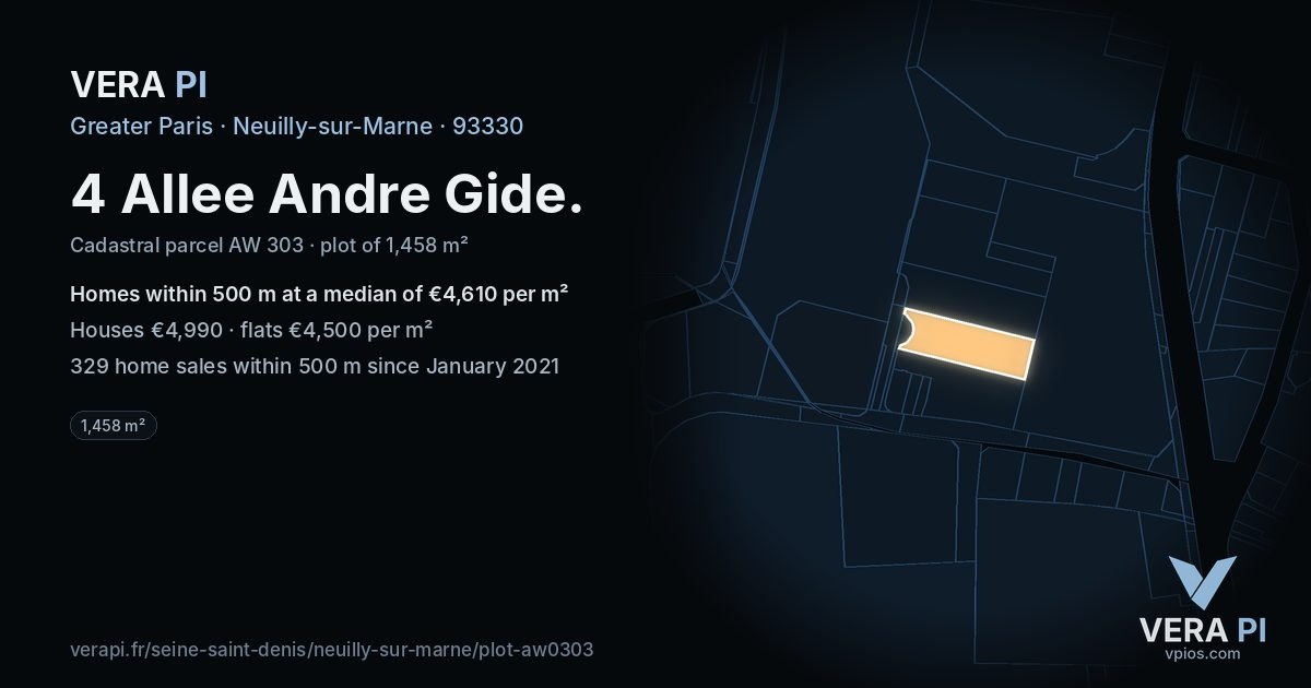 4 Allee Andre Gide, Neuilly-sur-Marne at night – the plot lit, the parcels around coloured by the prices near them