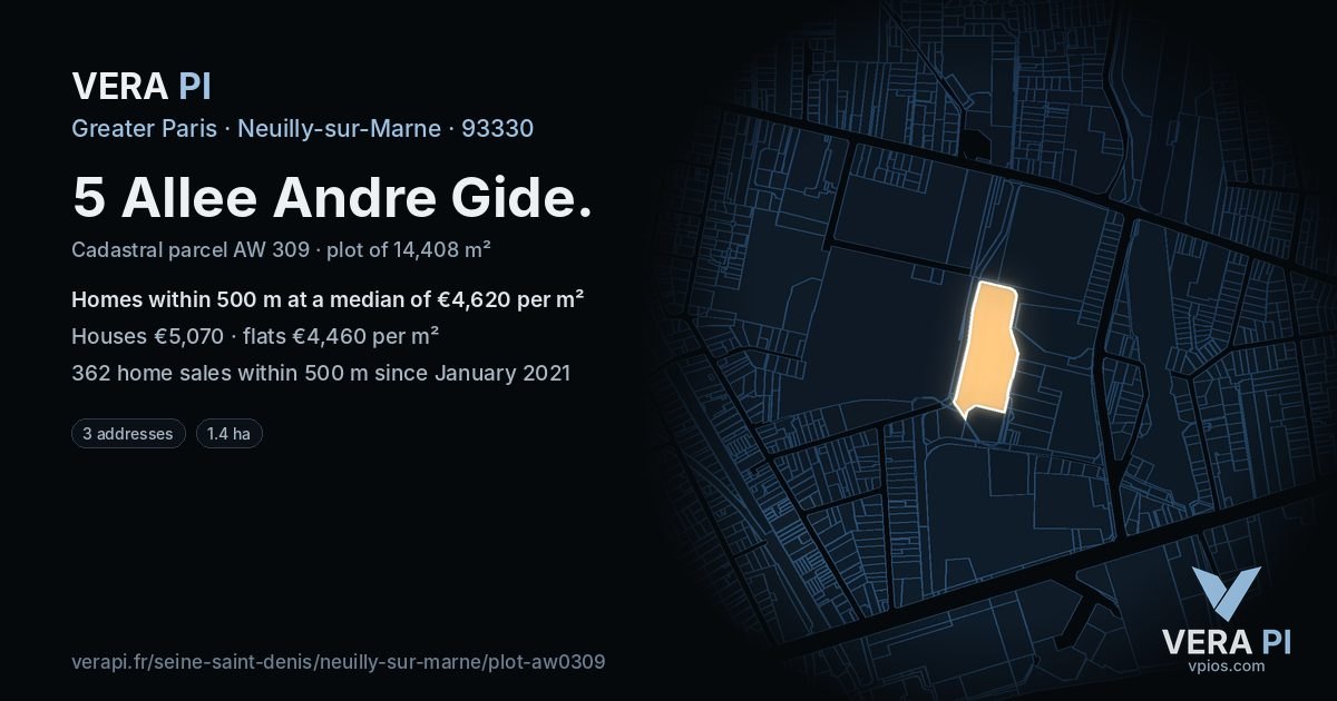 5 Allee Andre Gide, Neuilly-sur-Marne at night – the plot lit, the parcels around coloured by the prices near them