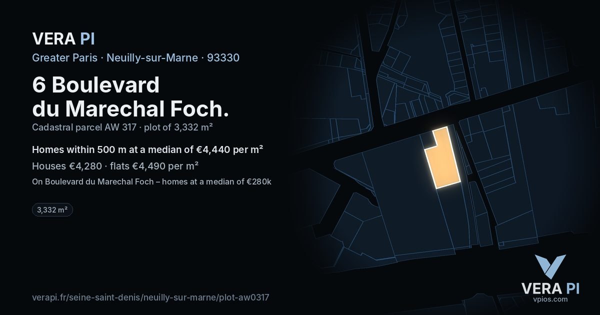 6 Boulevard du Marechal Foch, Neuilly-sur-Marne at night – the plot lit, the parcels around coloured by the prices near them