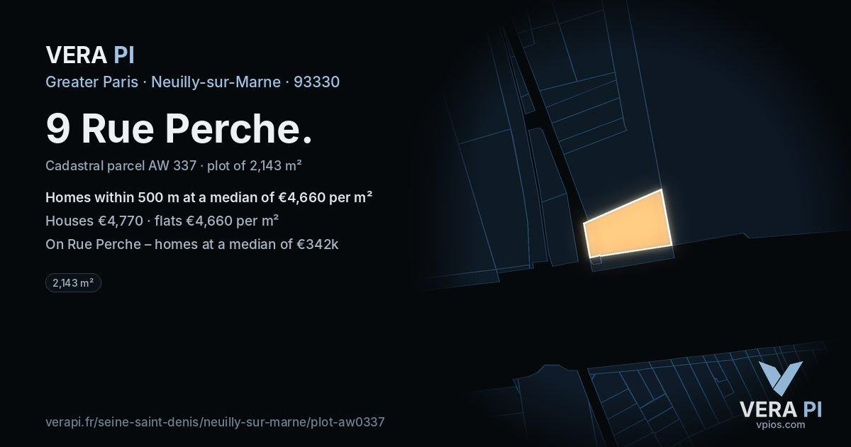 9 Rue Perche, Neuilly-sur-Marne at night – the plot lit, the parcels around coloured by the prices near them