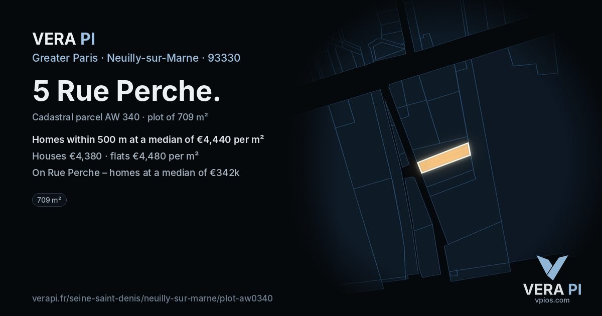5 Rue Perche, Neuilly-sur-Marne at night – the plot lit, the parcels around coloured by the prices near them