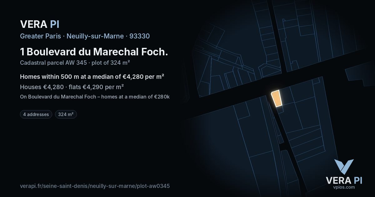 1 Boulevard du Marechal Foch, Neuilly-sur-Marne at night – the plot lit, the parcels around coloured by the prices near them