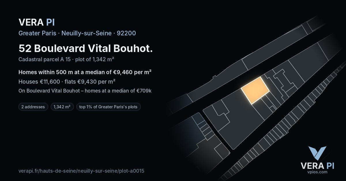 52 Boulevard Vital Bouhot, Neuilly-sur-Seine at night – the plot lit, the parcels around coloured by the prices near them