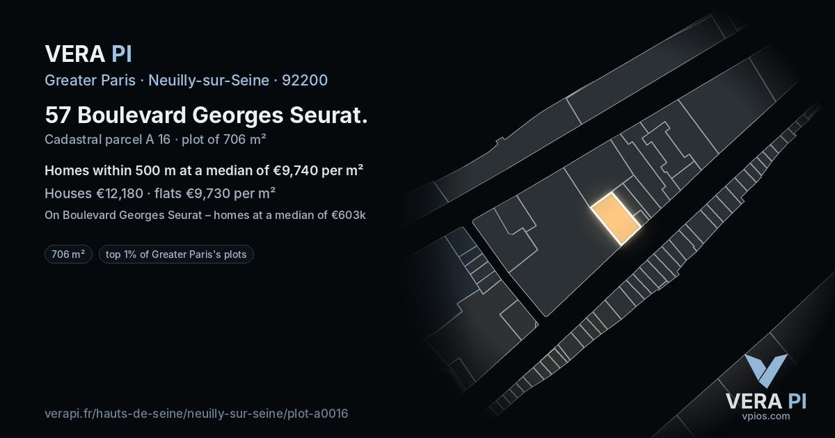 57 Boulevard Georges Seurat, Neuilly-sur-Seine at night – the plot lit, the parcels around coloured by the prices near them