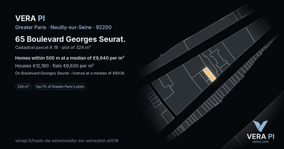 65 Boulevard Georges Seurat, Neuilly-sur-Seine at night – the plot lit, the parcels around coloured by the prices near them