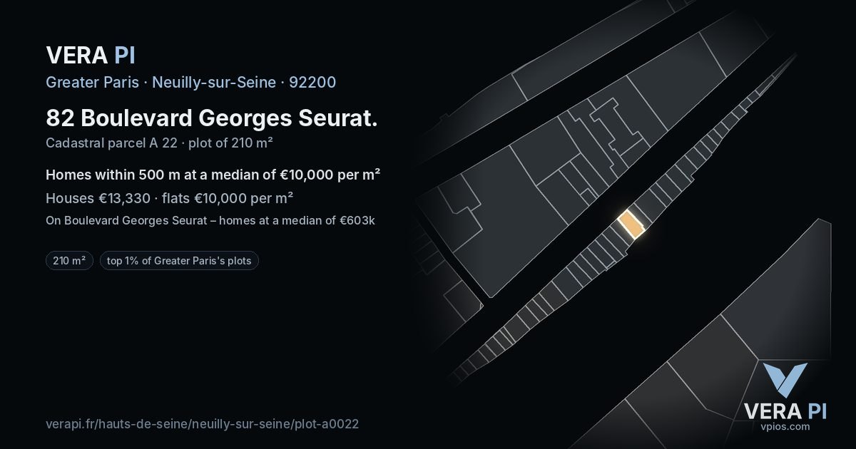 82 Boulevard Georges Seurat, Neuilly-sur-Seine at night – the plot lit, the parcels around coloured by the prices near them