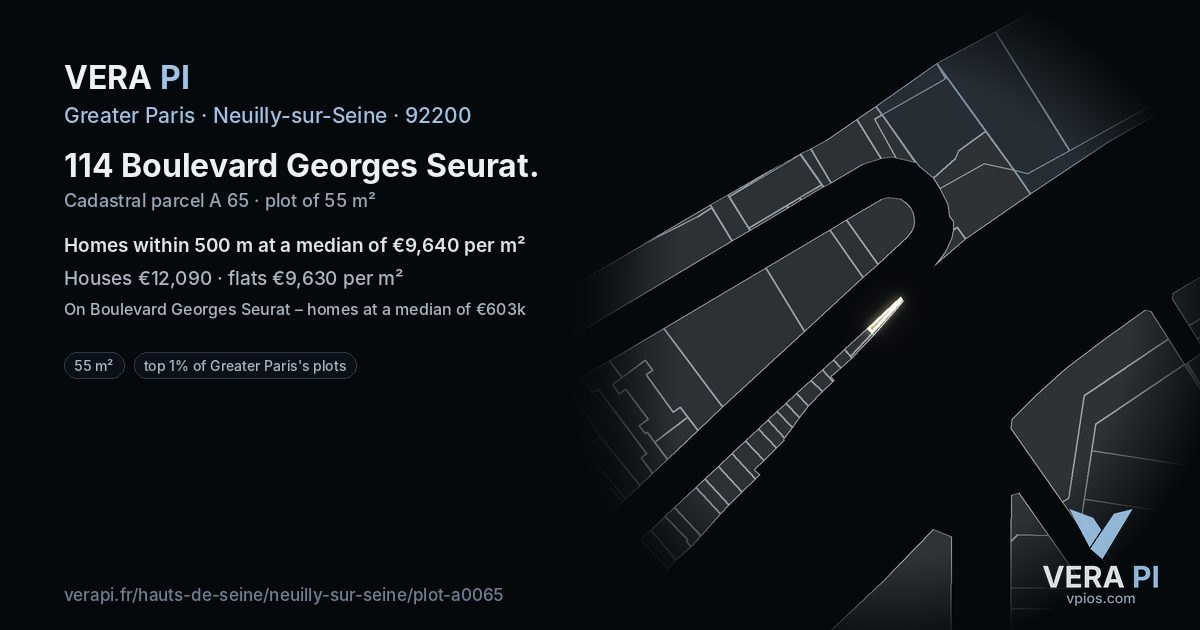 114 Boulevard Georges Seurat, Neuilly-sur-Seine at night – the plot lit, the parcels around coloured by the prices near them