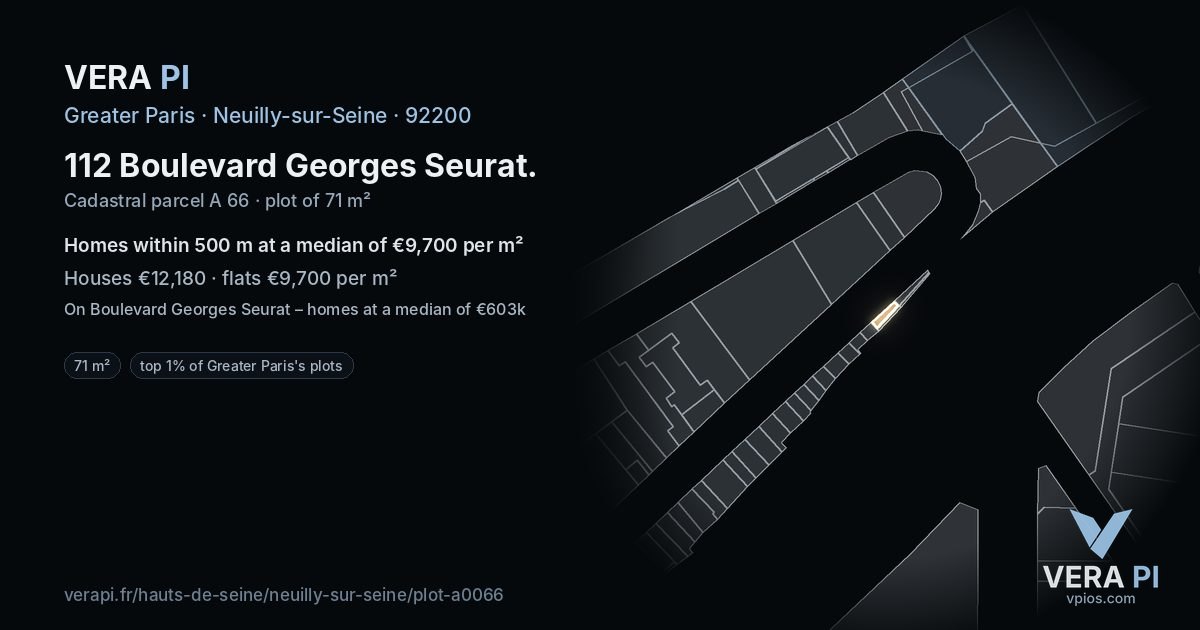 112 Boulevard Georges Seurat, Neuilly-sur-Seine at night – the plot lit, the parcels around coloured by the prices near them