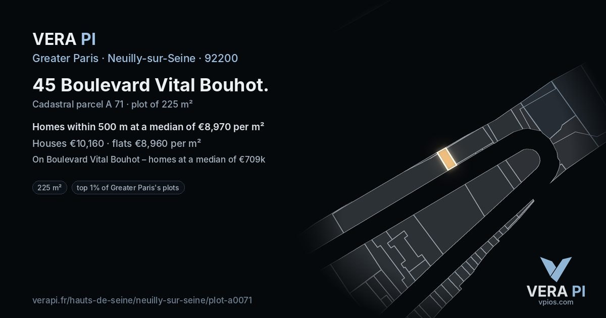 45 Boulevard Vital Bouhot, Neuilly-sur-Seine at night – the plot lit, the parcels around coloured by the prices near them