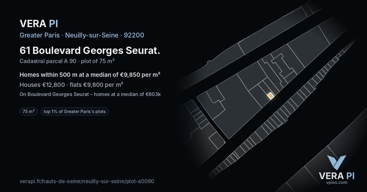 61 Boulevard Georges Seurat, Neuilly-sur-Seine at night – the plot lit, the parcels around coloured by the prices near them