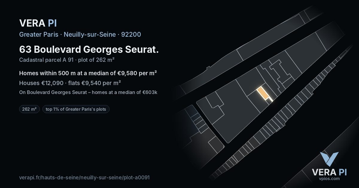 63 Boulevard Georges Seurat, Neuilly-sur-Seine at night – the plot lit, the parcels around coloured by the prices near them