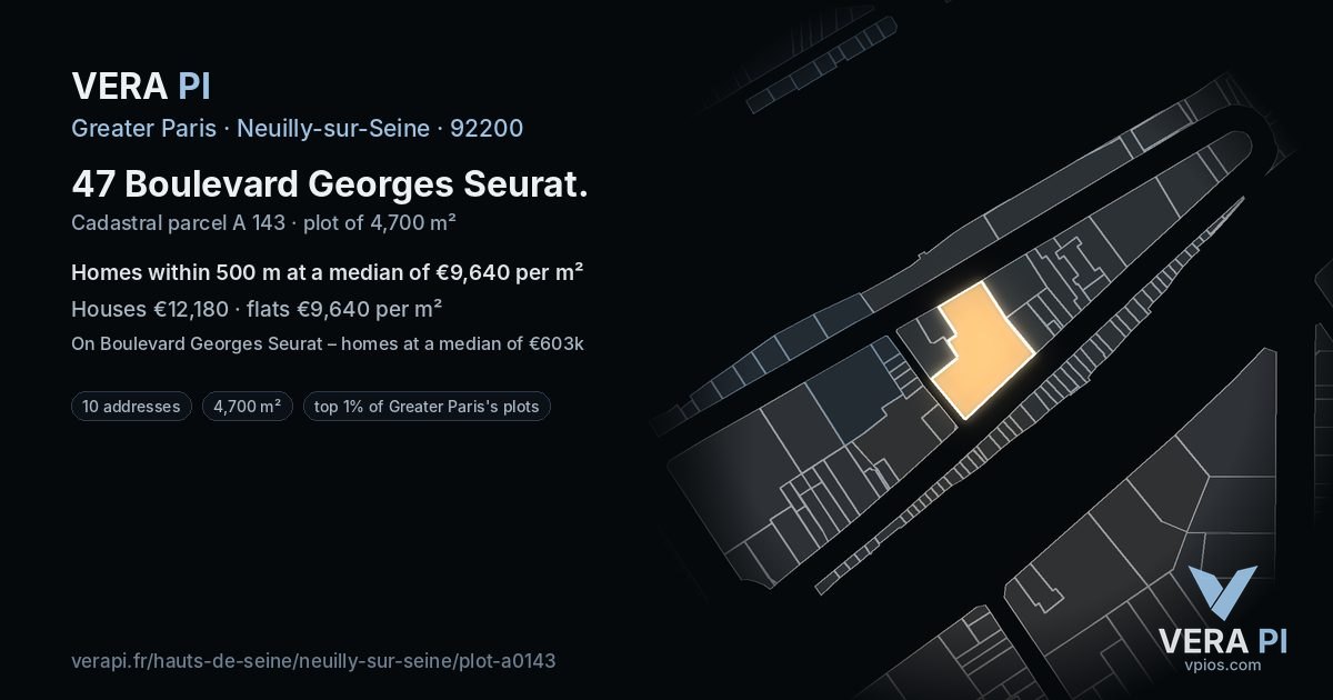 47 Boulevard Georges Seurat, Neuilly-sur-Seine at night – the plot lit, the parcels around coloured by the prices near them