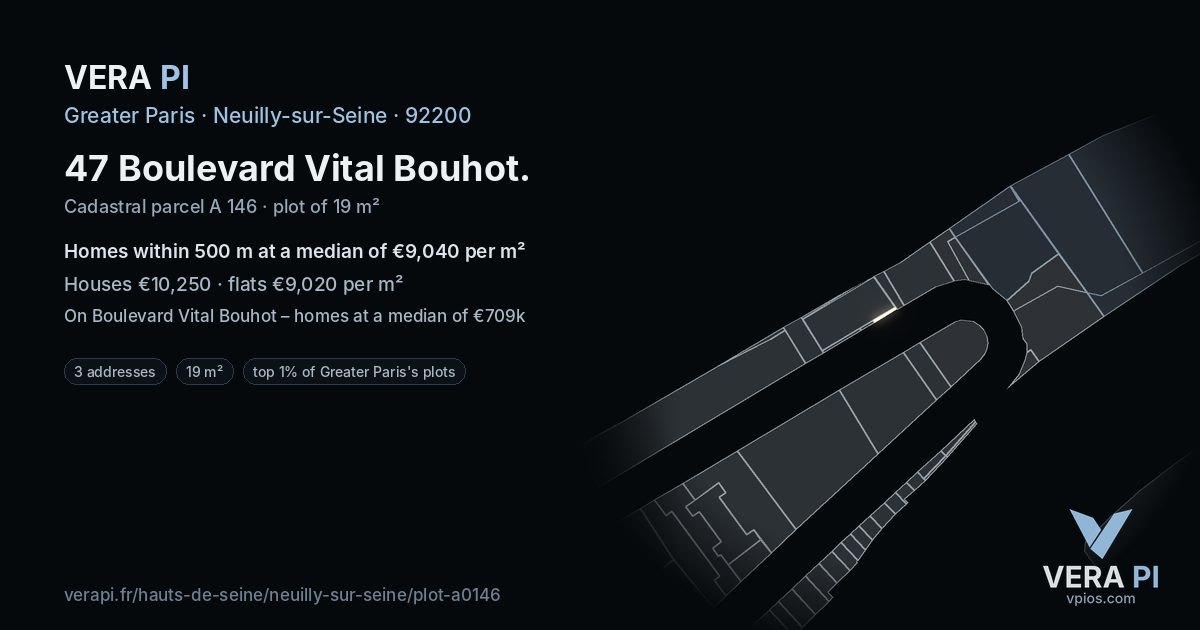 47 Boulevard Vital Bouhot, Neuilly-sur-Seine at night – the plot lit, the parcels around coloured by the prices near them