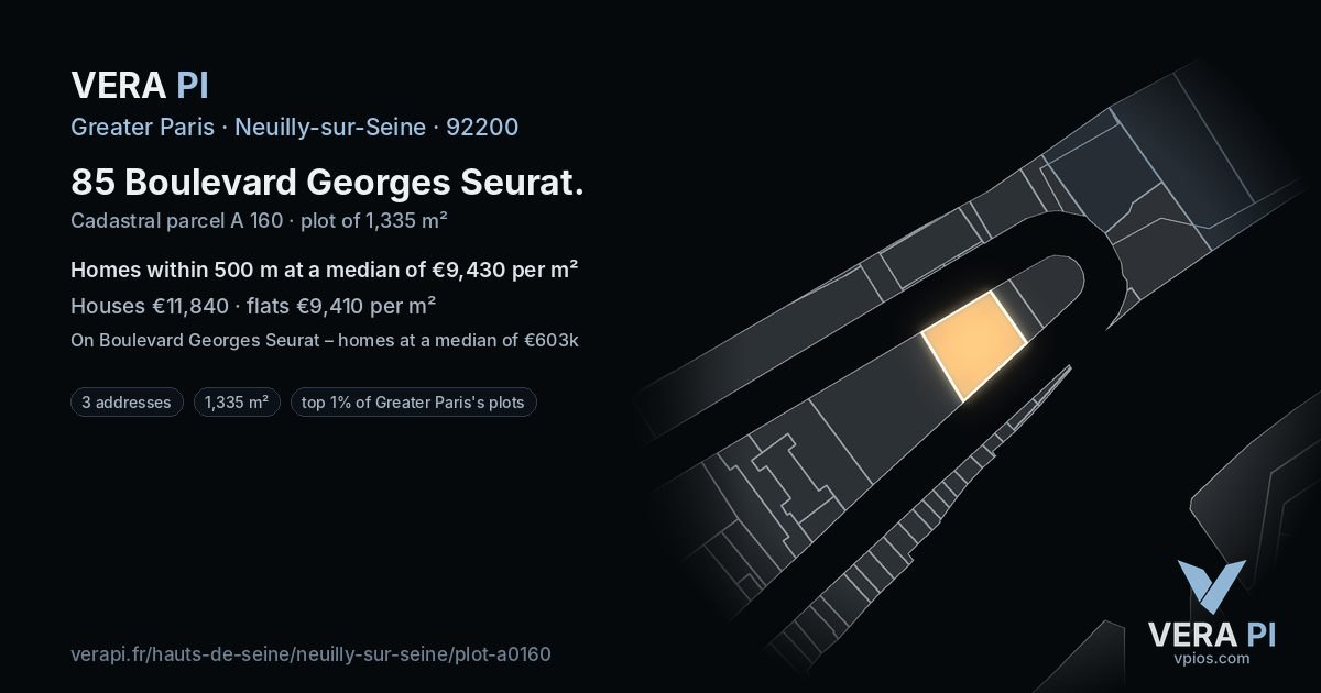85 Boulevard Georges Seurat, Neuilly-sur-Seine at night – the plot lit, the parcels around coloured by the prices near them