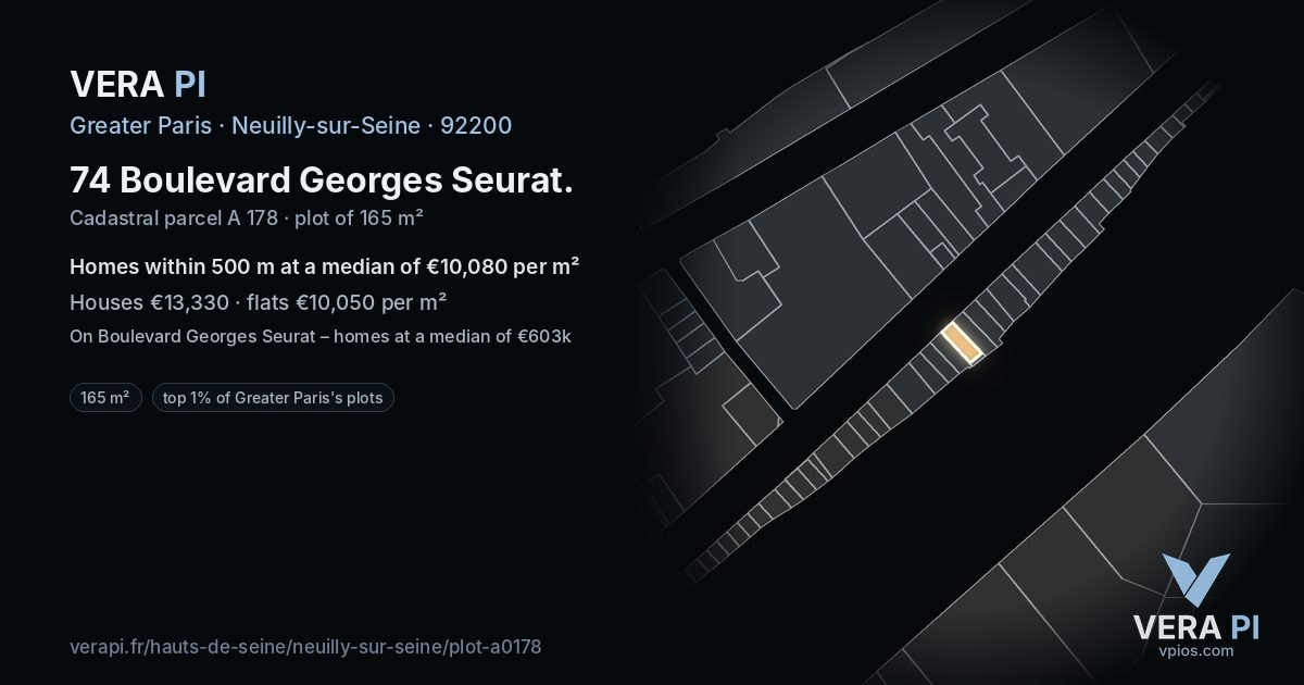 74 Boulevard Georges Seurat, Neuilly-sur-Seine at night – the plot lit, the parcels around coloured by the prices near them