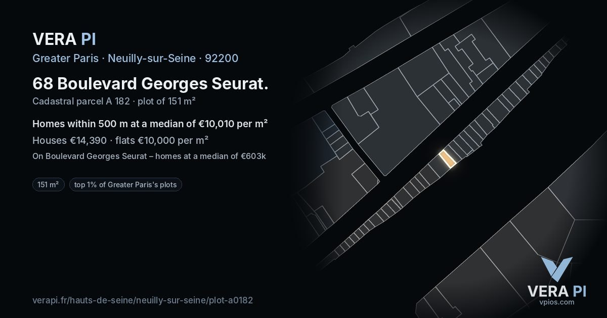68 Boulevard Georges Seurat, Neuilly-sur-Seine at night – the plot lit, the parcels around coloured by the prices near them