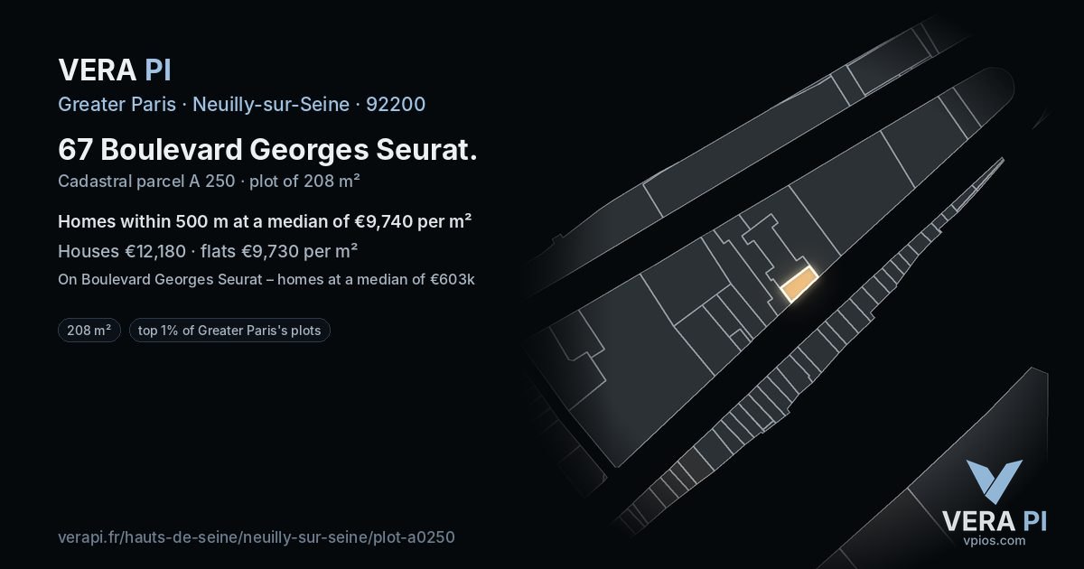 67 Boulevard Georges Seurat, Neuilly-sur-Seine at night – the plot lit, the parcels around coloured by the prices near them
