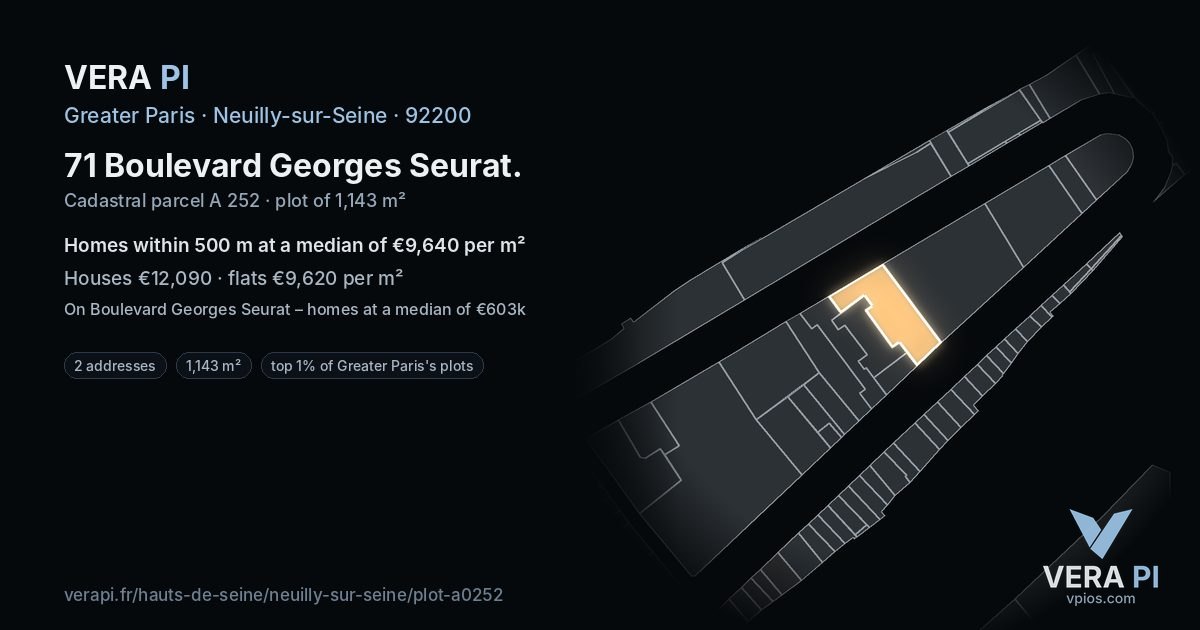 71 Boulevard Georges Seurat, Neuilly-sur-Seine at night – the plot lit, the parcels around coloured by the prices near them