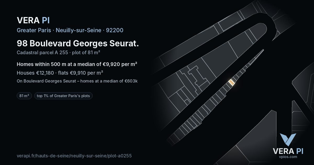 98 Boulevard Georges Seurat, Neuilly-sur-Seine at night – the plot lit, the parcels around coloured by the prices near them