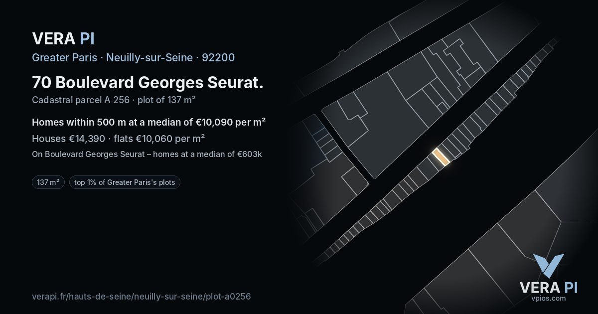 70 Boulevard Georges Seurat, Neuilly-sur-Seine at night – the plot lit, the parcels around coloured by the prices near them