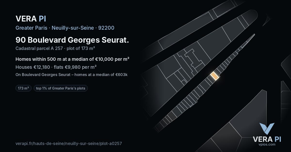 90 Boulevard Georges Seurat, Neuilly-sur-Seine at night – the plot lit, the parcels around coloured by the prices near them