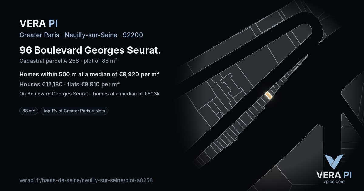 96 Boulevard Georges Seurat, Neuilly-sur-Seine at night – the plot lit, the parcels around coloured by the prices near them