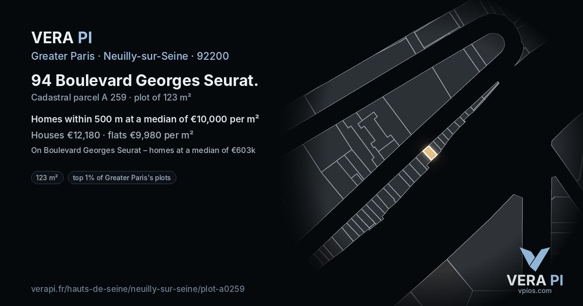 94 Boulevard Georges Seurat, Neuilly-sur-Seine at night – the plot lit, the parcels around coloured by the prices near them