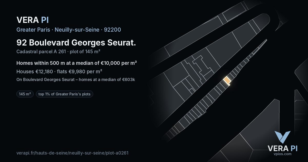 92 Boulevard Georges Seurat, Neuilly-sur-Seine at night – the plot lit, the parcels around coloured by the prices near them