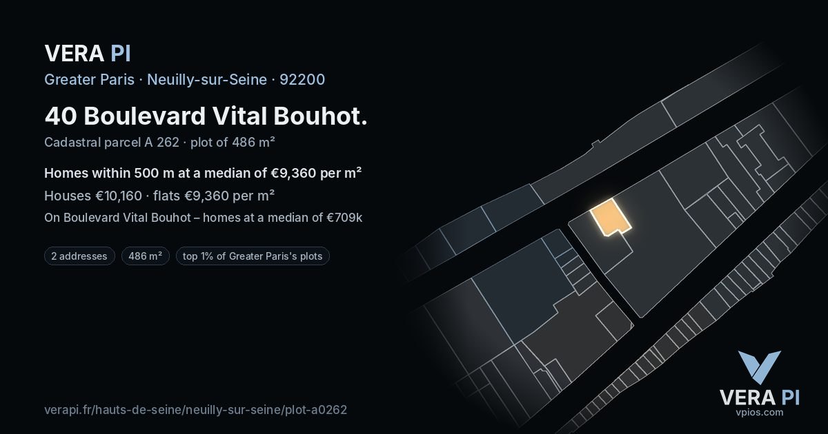 40 Boulevard Vital Bouhot, Neuilly-sur-Seine at night – the plot lit, the parcels around coloured by the prices near them