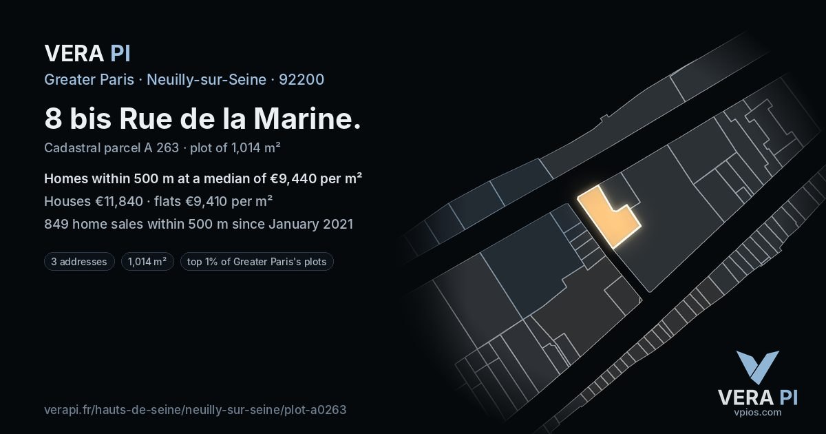 8 bis Rue de la Marine, Neuilly-sur-Seine at night – the plot lit, the parcels around coloured by the prices near them
