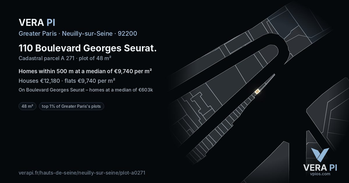 110 Boulevard Georges Seurat, Neuilly-sur-Seine at night – the plot lit, the parcels around coloured by the prices near them