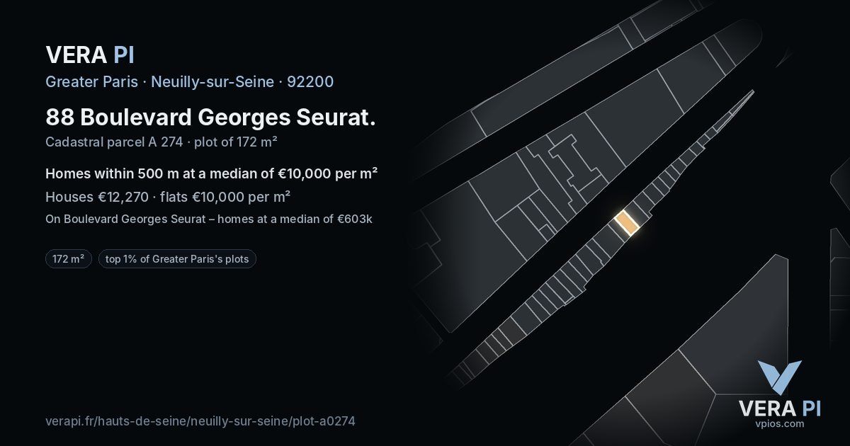 88 Boulevard Georges Seurat, Neuilly-sur-Seine at night – the plot lit, the parcels around coloured by the prices near them