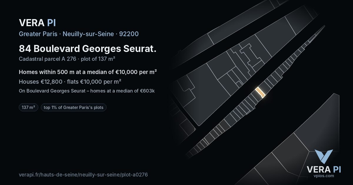 84 Boulevard Georges Seurat, Neuilly-sur-Seine at night – the plot lit, the parcels around coloured by the prices near them