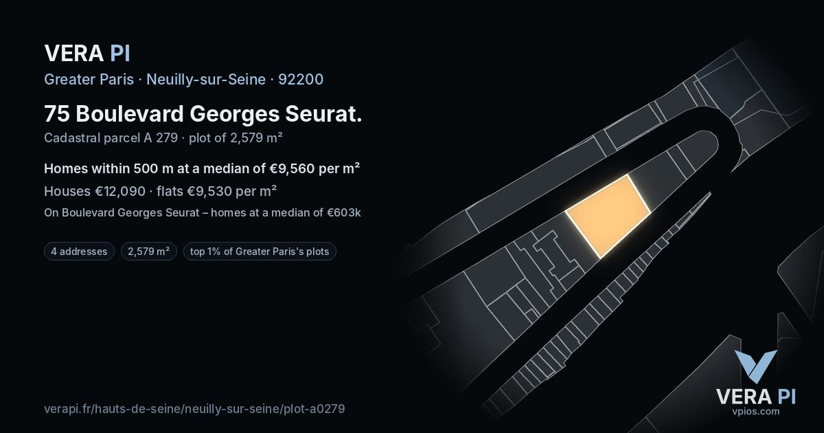 75 Boulevard Georges Seurat, Neuilly-sur-Seine at night – the plot lit, the parcels around coloured by the prices near them