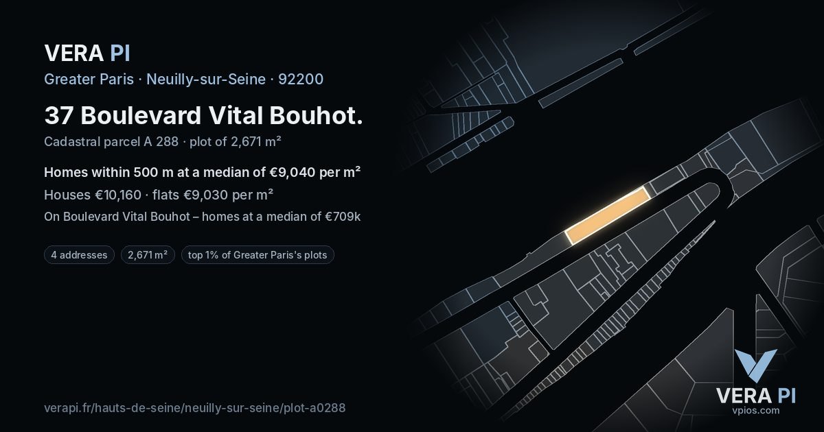37 Boulevard Vital Bouhot, Neuilly-sur-Seine at night – the plot lit, the parcels around coloured by the prices near them